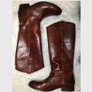 FRYE Melissa Tall Riding Boot Leather Boots Button Pull On Cognac Brown Size 9.5